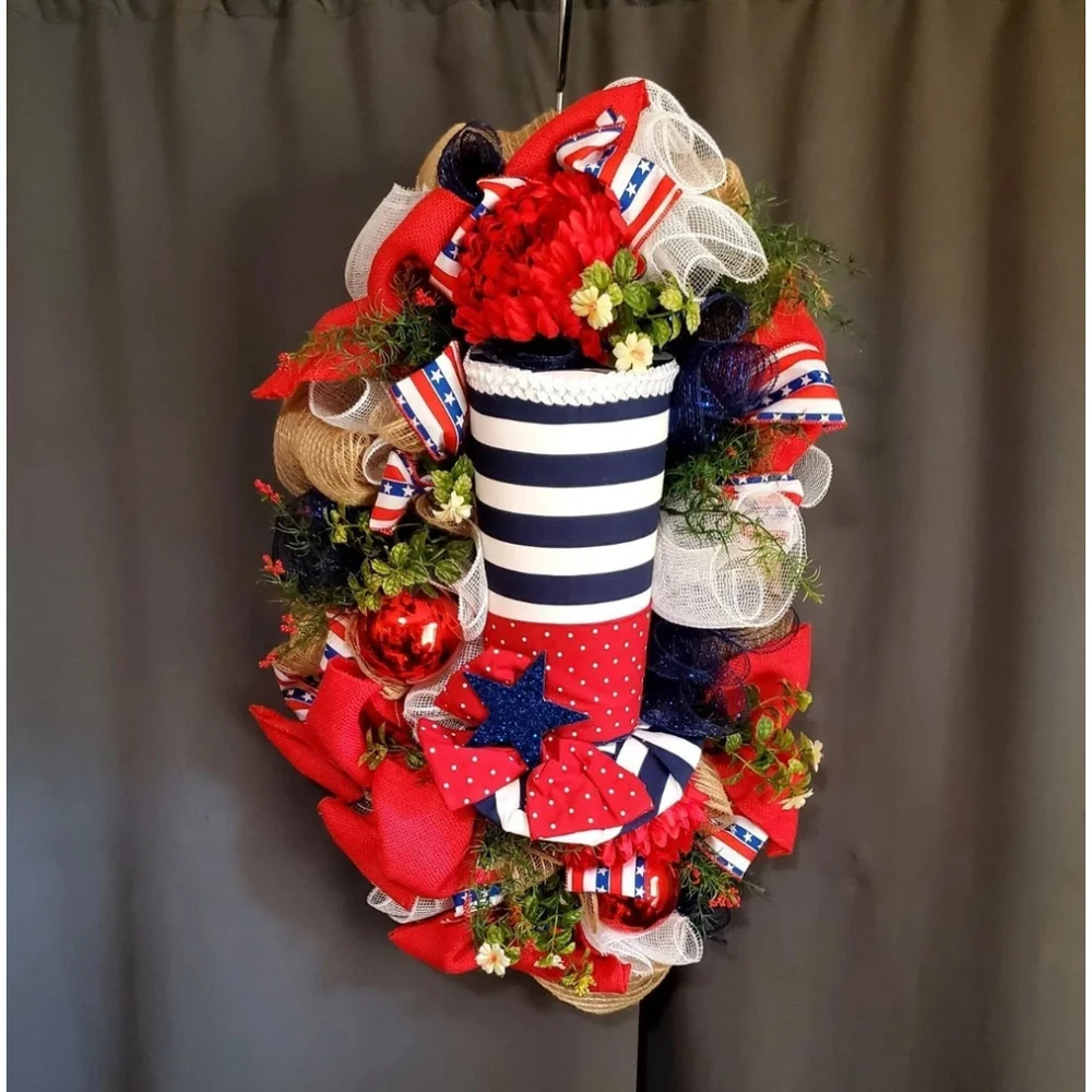 Patriotic 4th of July Memorial Day Hat Hanging Door Wreath 29
